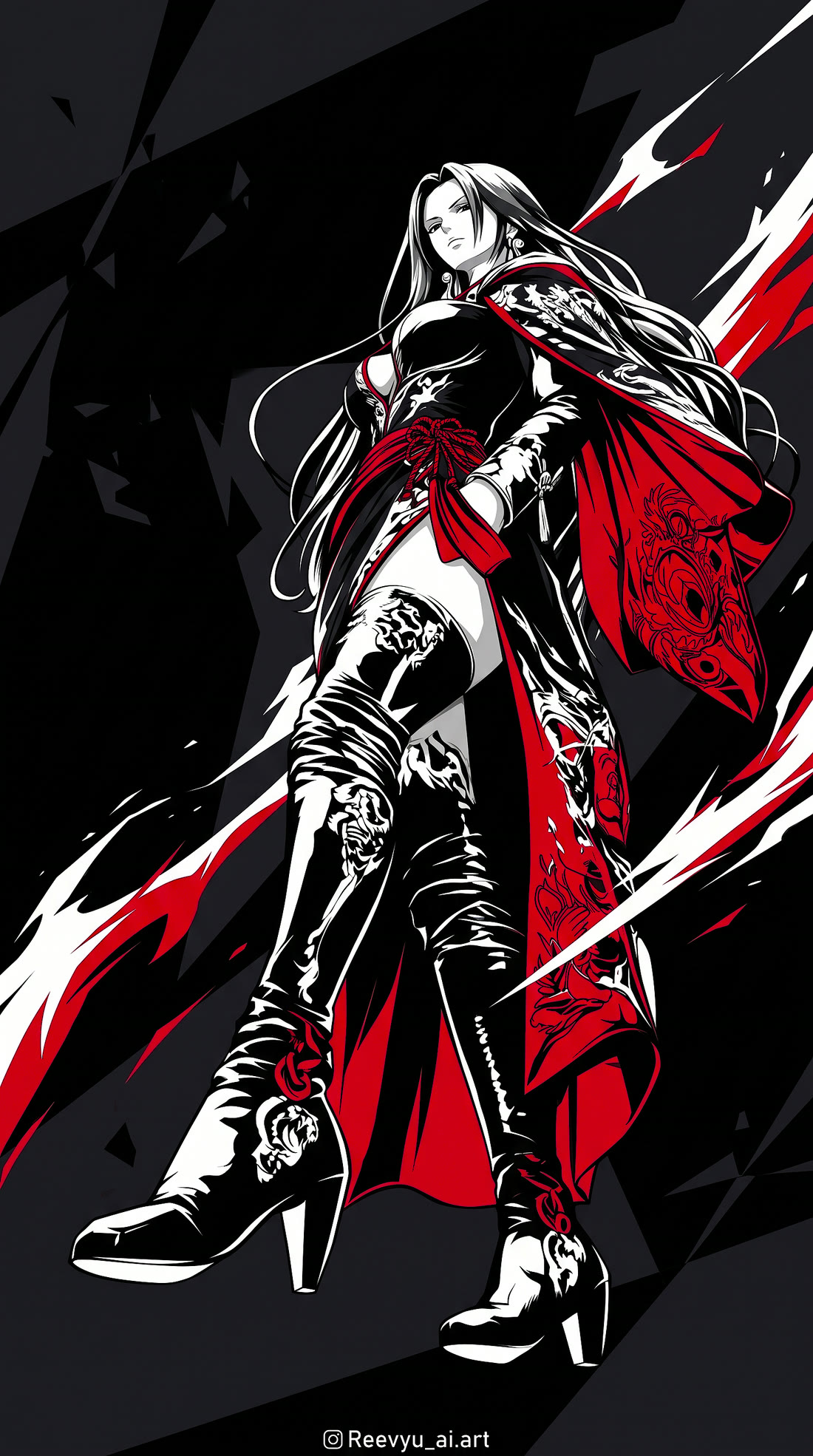 A long-haired queen in black boots and a red and black robe, drawn in ink