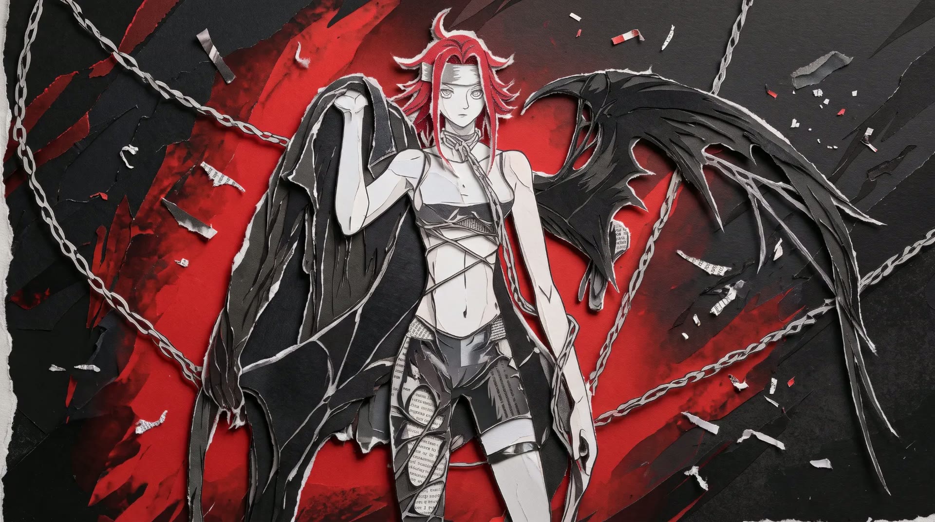 The awakened ink warrior, red hair, torn wings and chains, facing forward