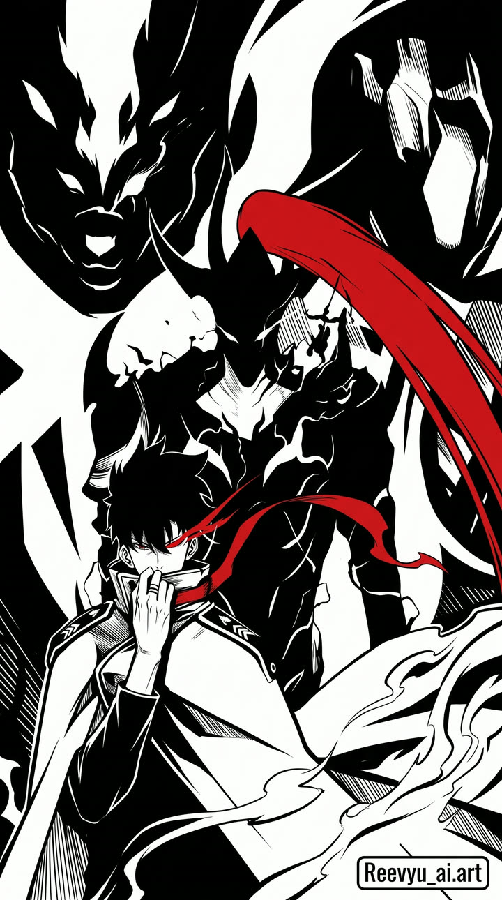 Manga ink scene in black, white and red: a masked boy beneath a looming demon