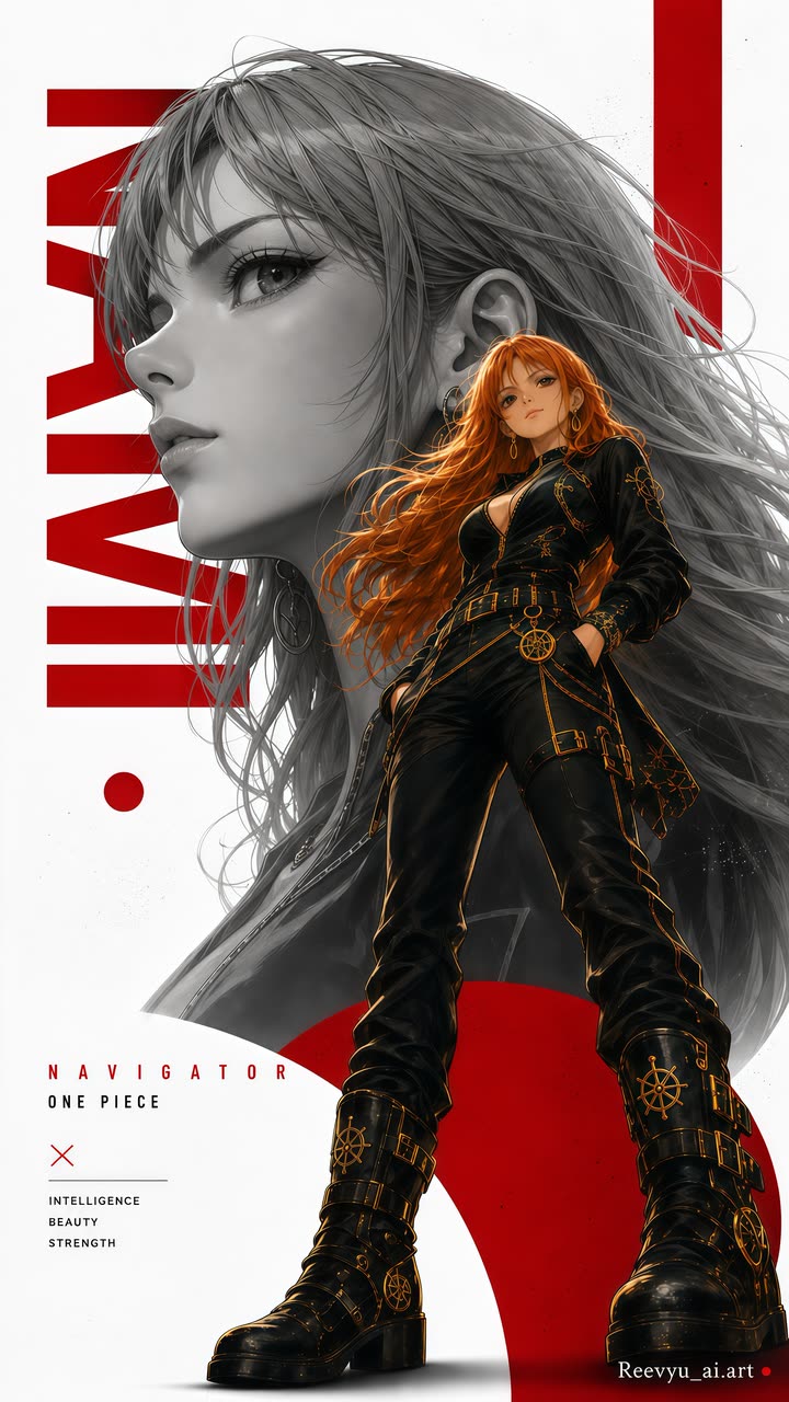 Japanese poster style portrait of a navigator with orange hair, in grey and red