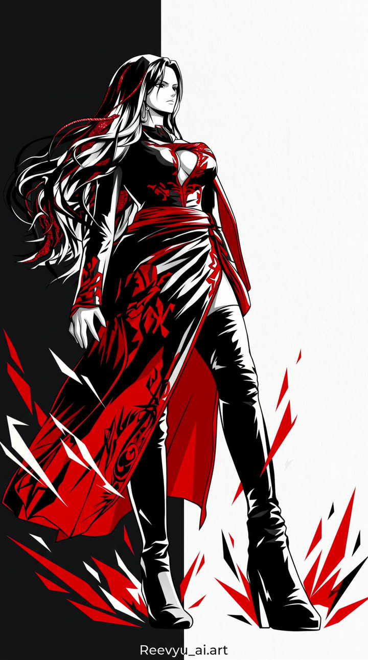 Red and black ink drawing of a long-haired queen in a split dress