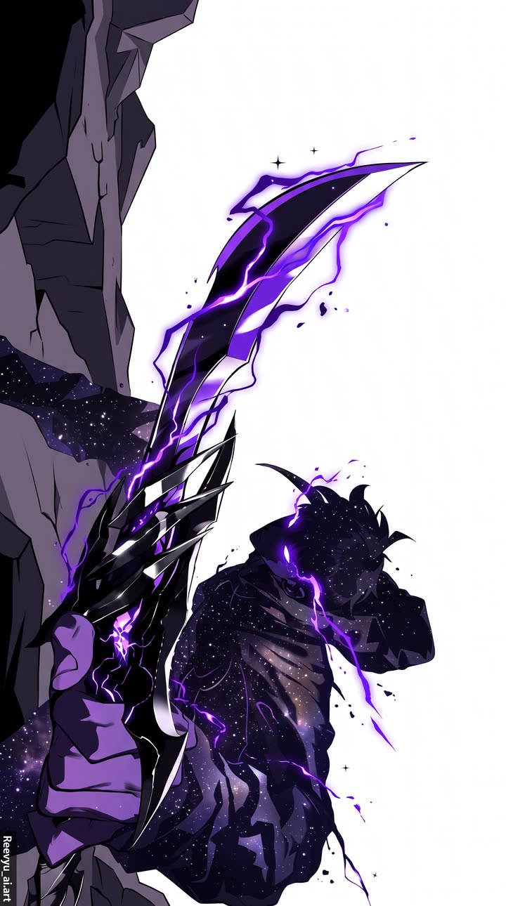 Violet energy blade and an armored claw cutting across a pale sky