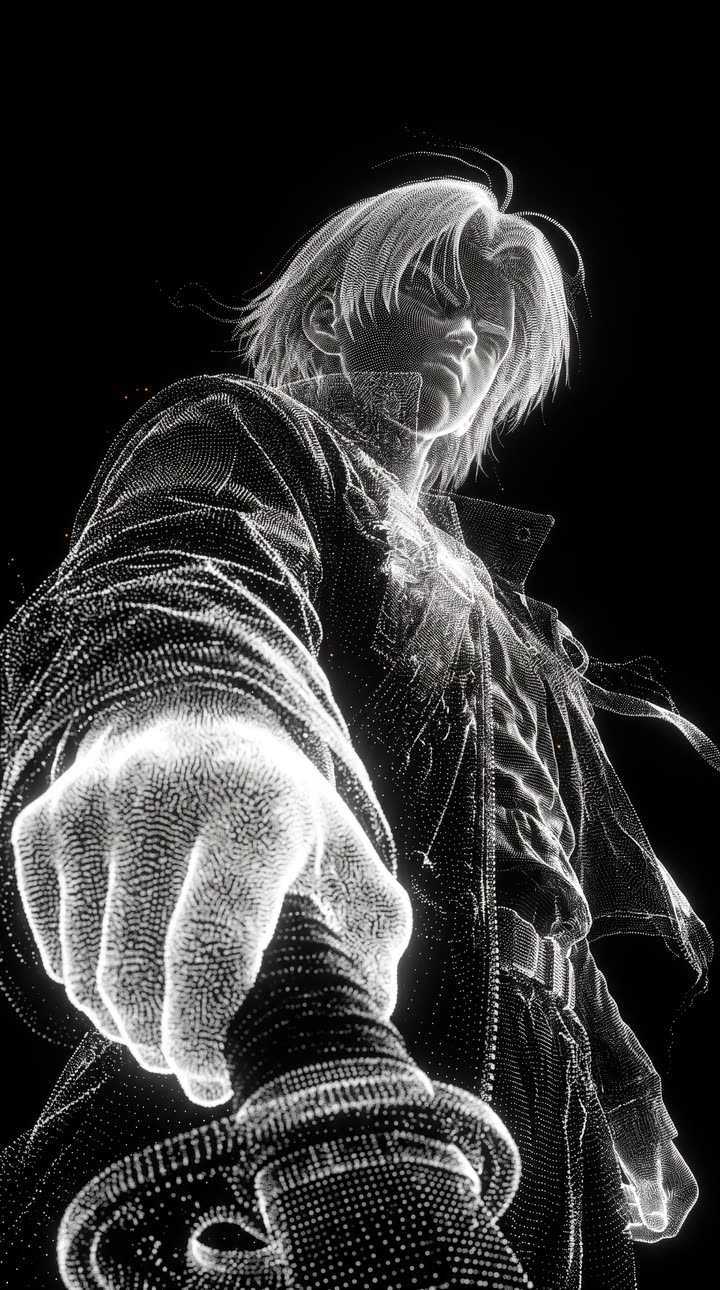 A figure made of glowing particles reaching toward the viewer