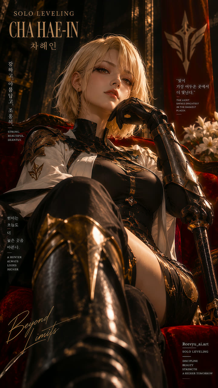 Dark cinematic poster of a blonde swordswoman seated on a throne