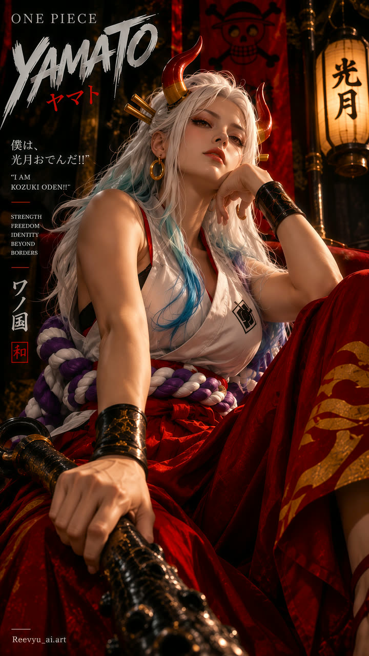 Poster of a white-haired horned warrior holding a club under red lantern light