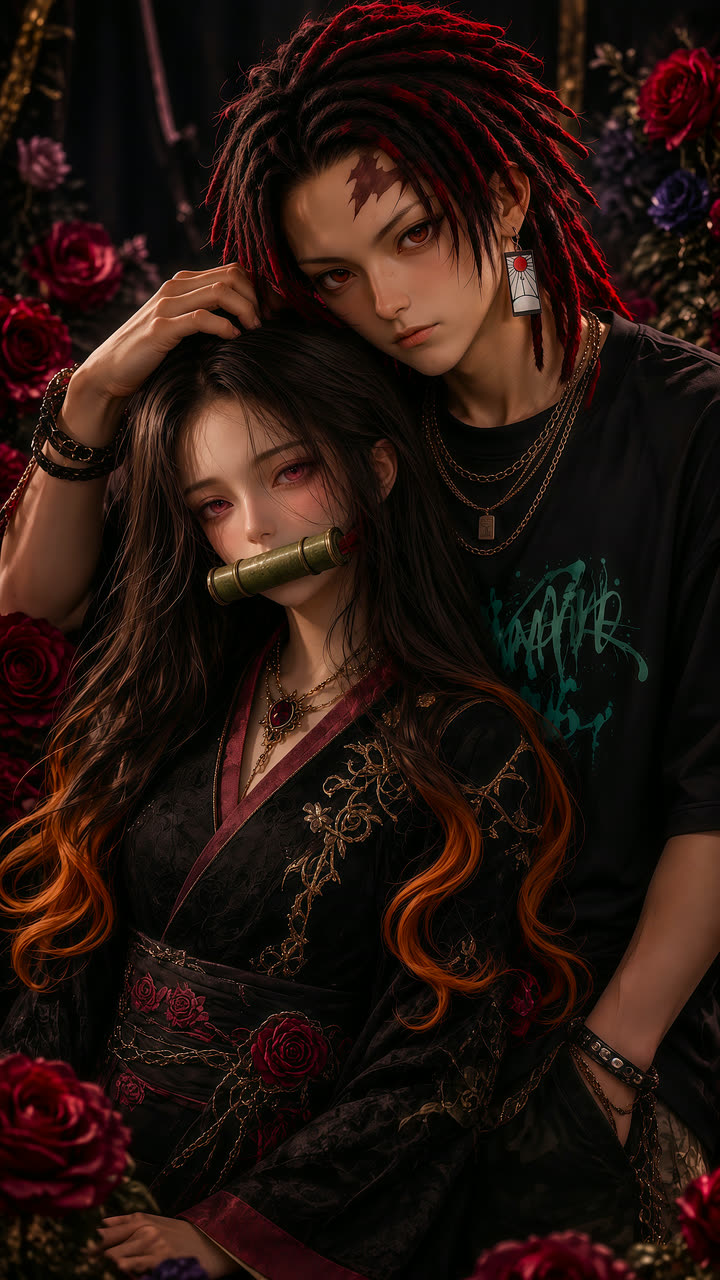 Two siblings in dark kimono among red roses, a cinematic portrait