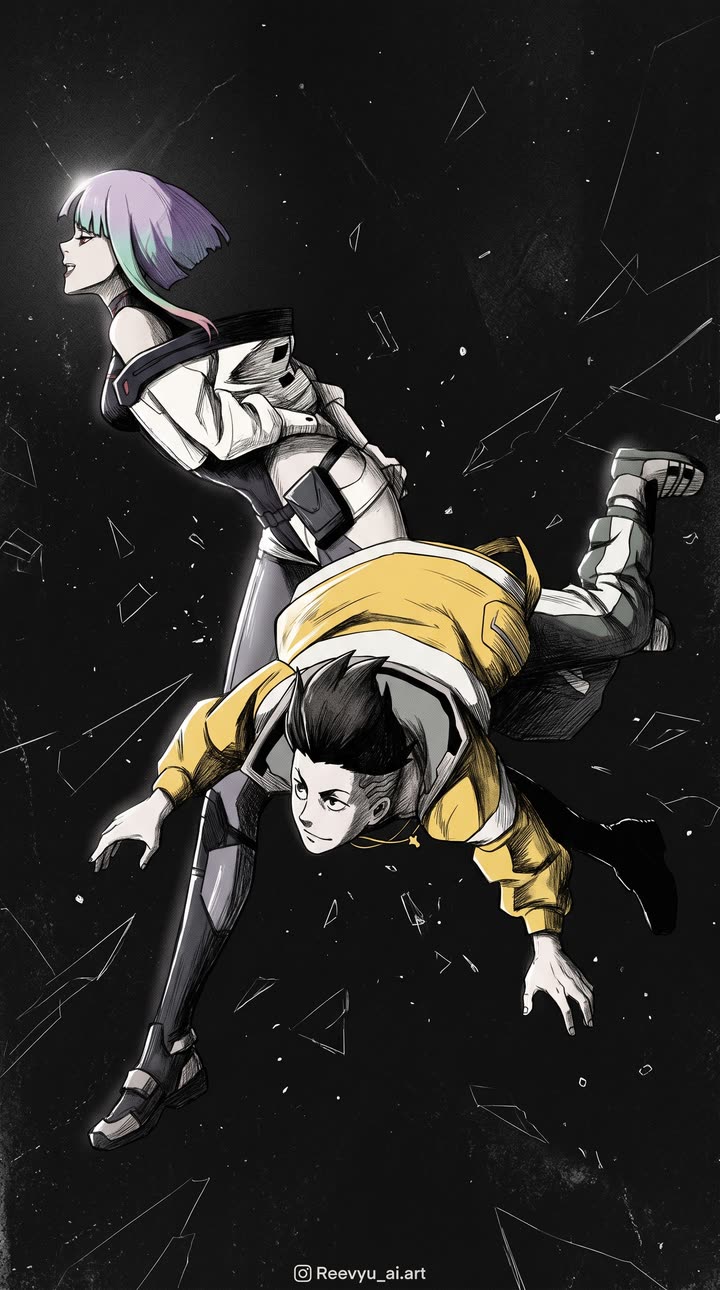 Ink drawing of two runners falling through shattered glass