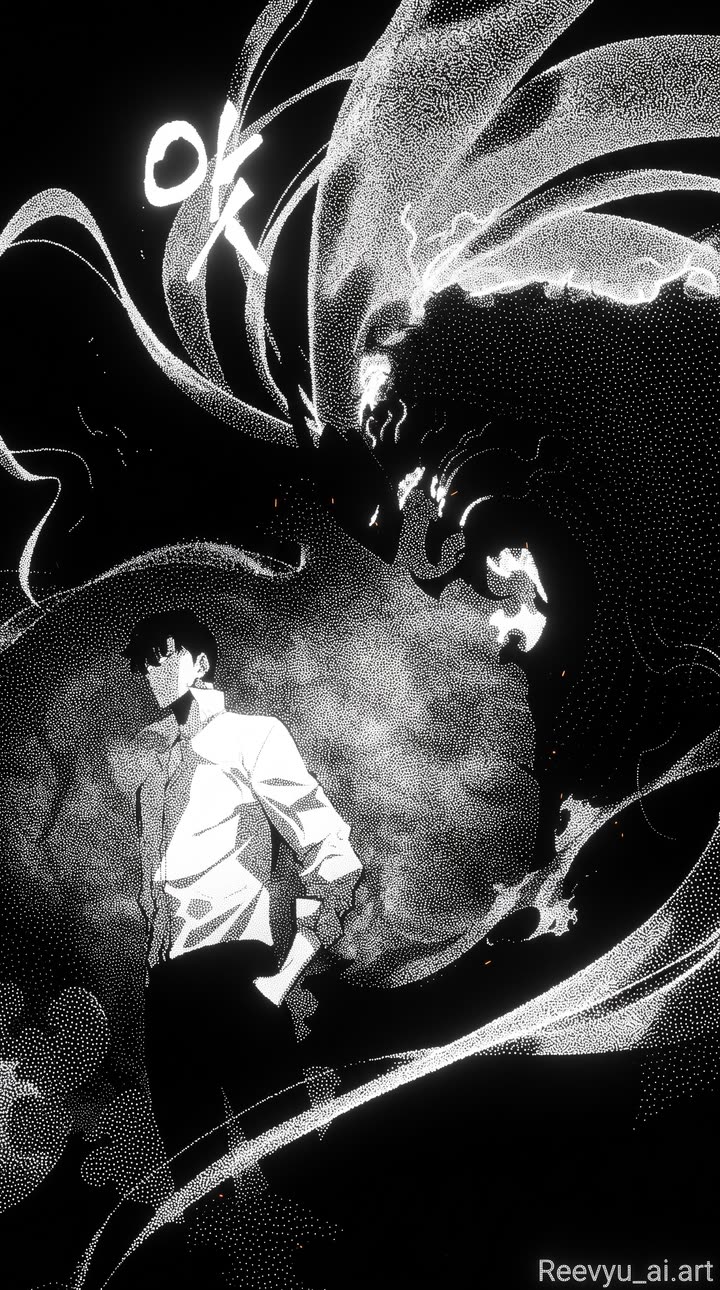 Black and white figure in a white shirt facing a giant shadow made of particles