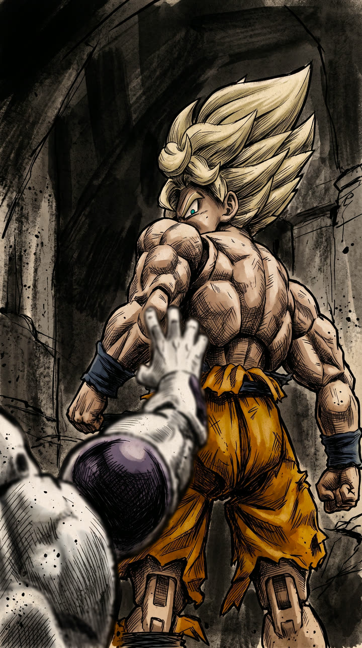 Sketch style warrior with golden hair and tense back muscles, fist raised