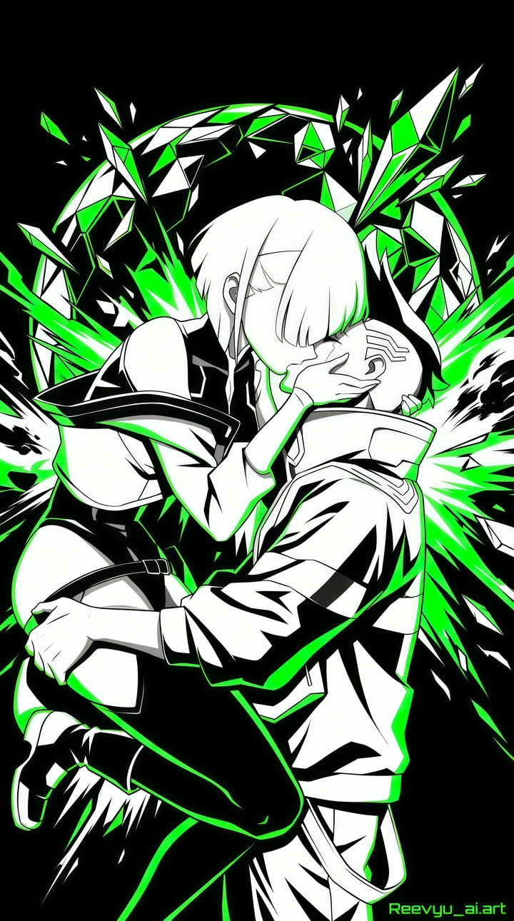 Green and white ink scene of two characters embracing in shards of light