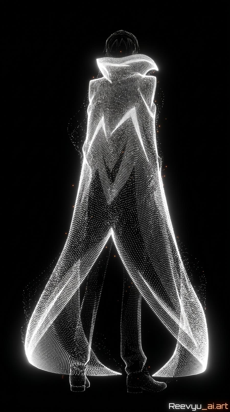 A cloaked figure made of particles of light, the first idea of a character