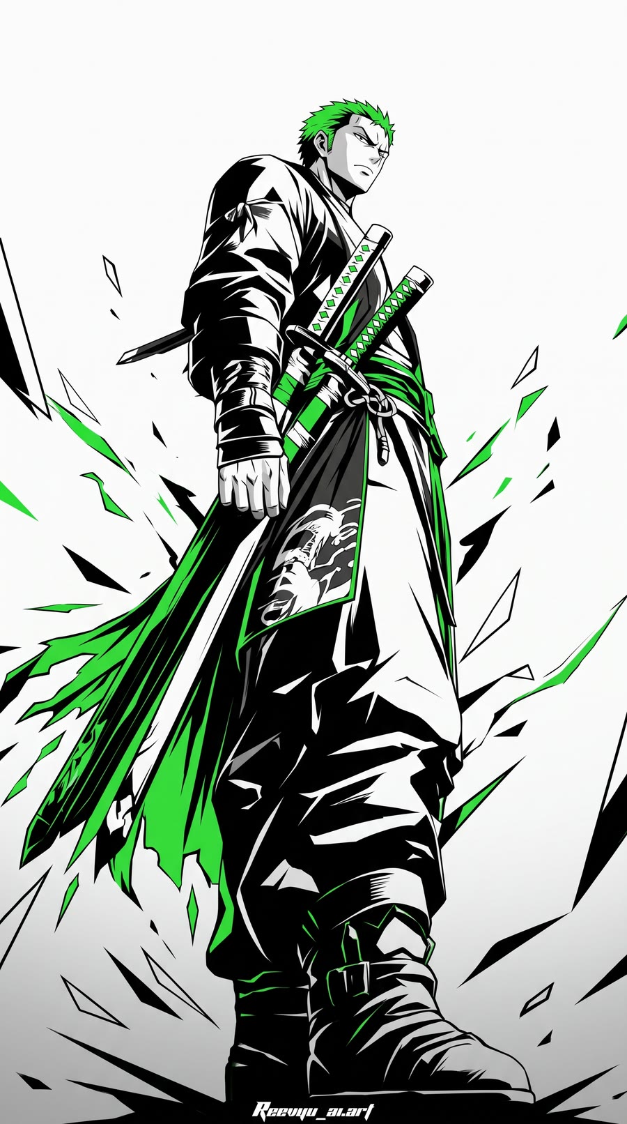 A green-haired swordsman drawn in black ink with green accents on white