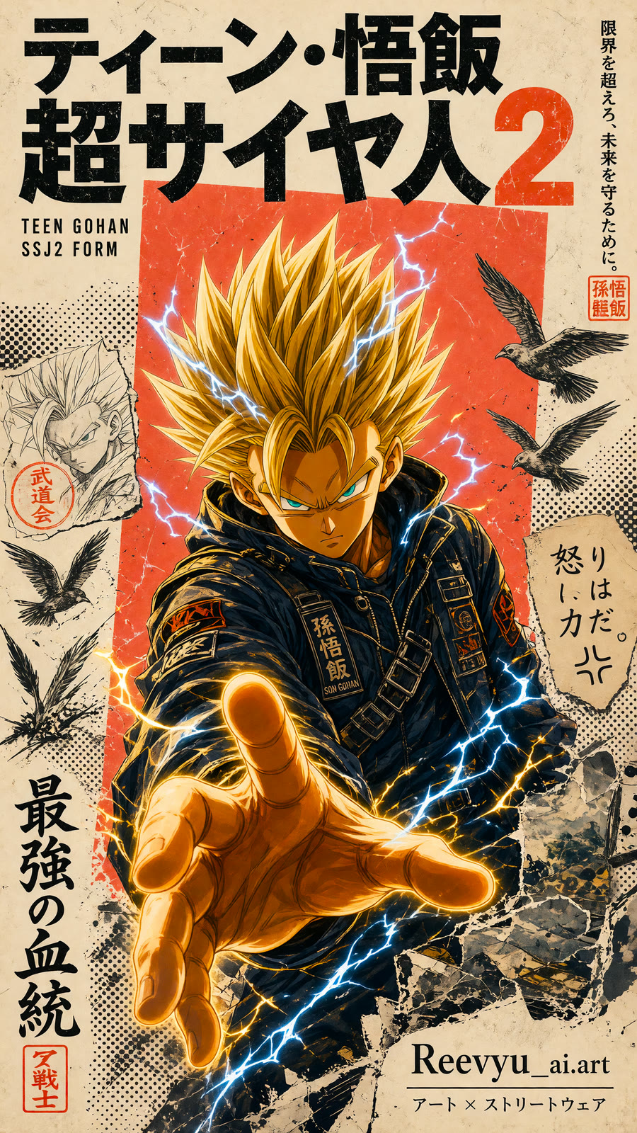 A finished Japanese style poster of a golden-haired fighter with lightning